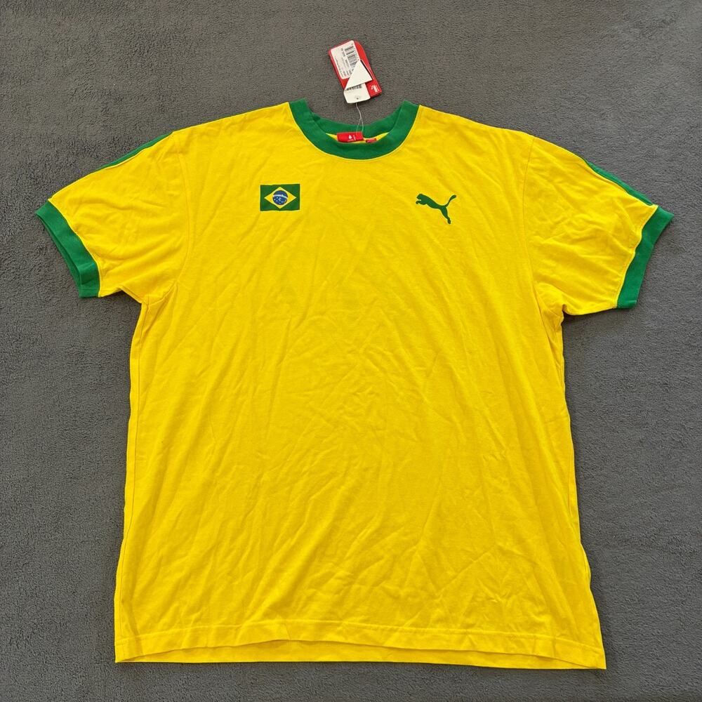 Puma Brazil Ringer Yellow Green Short Sleeve Soccer Football T Shirt Men's Sz XL